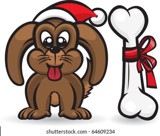 Dog With Christmas Bone/Dog Wearing Santa Hat, And Bone For A Gift.