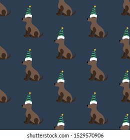 Dog in christmas costume seamless pattern on the blue background. Vector illustration