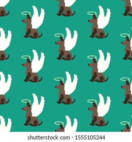 Dog in christmas costume seamless pattern on the green background. Vector illustration