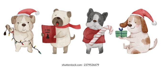 Dog with christmas costume . Watercolor paint cartoon characters . Set 2 of 6 . Vector .