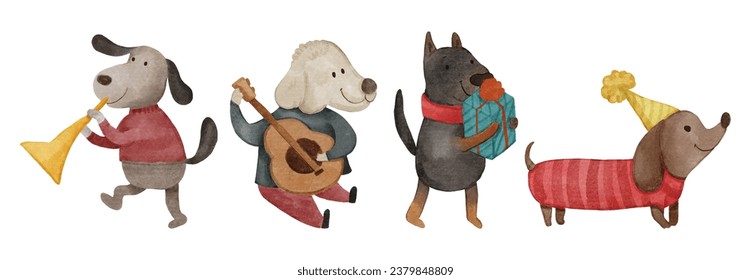 Dog with christmas costume . Watercolor paint cartoon characters . Set 4 of 6 . Vector .