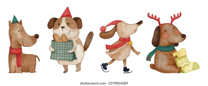 Dog with christmas costume . Watercolor paint cartoon characters . Set 3 of 6 . Vector .