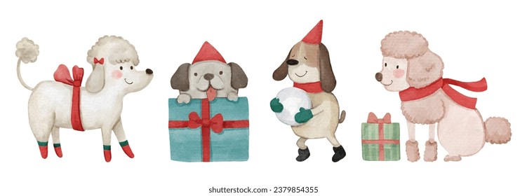 Dog with christmas costume . Watercolor paint cartoon characters . Set 5 of 6 . Vector .