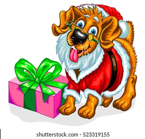 Dog with Christmas gifts in the image of Santa Claus. Christmas vector illustration