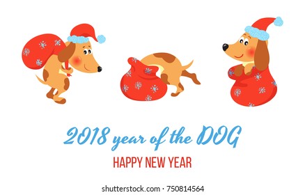 Dog in Christmas hat with Santa bag, vector card for 2018 New Year , Christmas