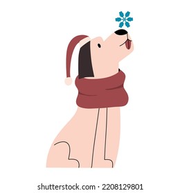 Dog in a Christmas hat and scarf with a snowflake. Vector illustrations in the style of hand drawing for the new year.