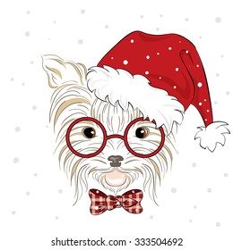 Dog in Christmas hat . Yorkshire terrier. Vector illustration for greeting card, poster, or print on clothes.
