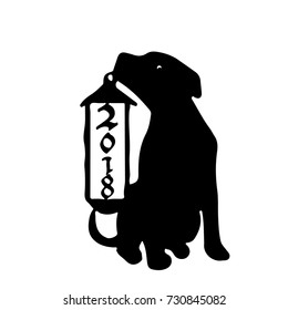 A dog with a Christmas lamp, silhouette on a white background.Vector