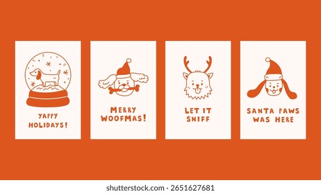 Dog Christmas Poster Set with Funny Phrase. Cute hand drawn Holiday decorative wall art with happy puppies and celebrative symbols. Vector illustration