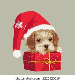 Dog with christmas present and christmas hat