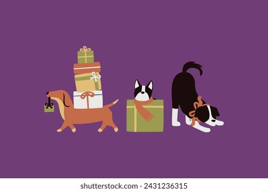 Dog and Christmas Presents Vector Illustration
