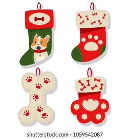 Dog Christmas stocking icons collection. Socks for puppy vector cartoon flat set isolated on a white background.