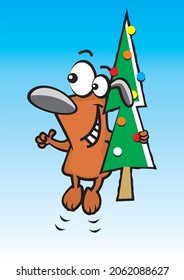 Dog with christmas tree on blue background, humorous vector illustration