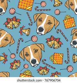 Dog Christmas vector illustration seamless pattern. Year of the dog concept. Jack Russell Terrier
