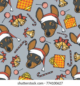 Dog Christmas vector illustration seamless pattern. Year of the dog concept. Russian Toy Terrier
