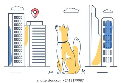 Dog in city doodle. Puppy sitting near skyscrapers and high rise buildings. Geolocation and navigation. Track your pet. Linear flat vector illustration isolated on white background