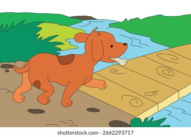 The dog is climbing over the river with a bone in its mouth