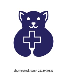 Dog Clinic Logo Negative Space Concept Vector Template. Dog Holding Plus Symbol
