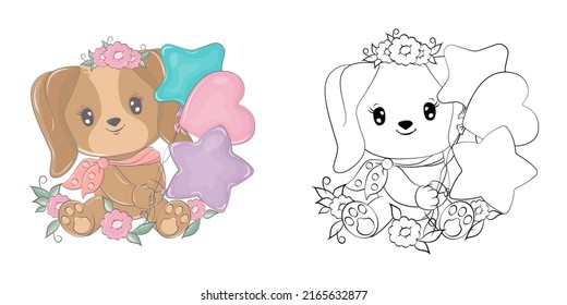 Dog Clipart Multicolored and Black and White. Beautiful Clip Art Puppy with Balloons and Flowers.Vector Illustration of an Animal for Prints for Clothes, Stickers, Baby Shower, Coloring Pages. 