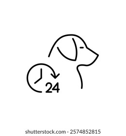 Dog and clock. 24 hours pet care and veterinary services. Round the clock animal hospital. Pixel perfect vector icon