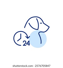 Dog and clock. 24 hours pet care and veterinary services. Round the clock animal hospital. Pixel perfect, editable stroke icon