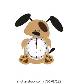A dog with a clock is shown, brown. Four legs, the nose is black. The background is white. On the clock, the Roman numerals are a snowflake.