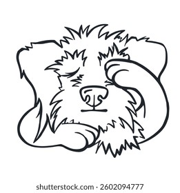 dog closes eyes, hides, line coloring page vector