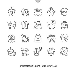 Dog clothes. Canine costume. Pet pajamas. Dog hoodie. Beautiful doggy. Pixel Perfect Vector Thin Line Icons. Simple Minimal Pictogram