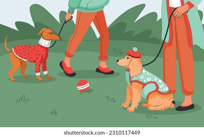 Dog clothes flat background with two owners walking with their pets outdoors vector illustration