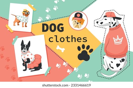 Collage plano de ropa de perro con lindas mascotas de dibujos animados vestidas con falda de chaqueta e ilustración del vector del suéter