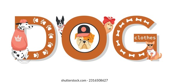 Dog clothes flat header text with big letters and small pets dressed in special costumes vector illustration