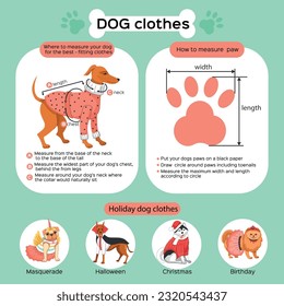Ilustración de prendas de perro infografía plana que muestra cómo medir la imagen vectorial de prendas de vestir de mascota y de vacaciones