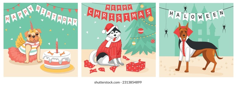 Dog clothes flat isolated posters with different breed of dogs dressed up for festive day vector illustration