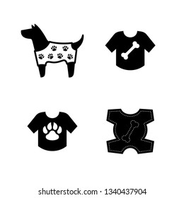 Dog clothes icons. Dog dressed in a jacket with paws. T-shirts with dog pet theme symbols.