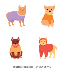 Dog clothes icons set cartoon vector. Different breed of dog in bright clothing. Cute pet, fashion