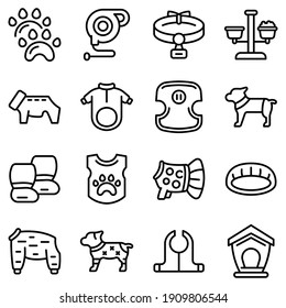 Dog clothes icons set. Outline set of dog clothes vector icons for web design isolated on white background