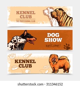 Dog club horizontal banners set with hand drawn breeds isolated vector illustration