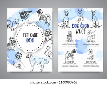 Dog club poster with Hand drawn dogs breeds. Sketch of dog. Brochure with bulldog, dachshund, Husky, Yorkshire Terrier Vector