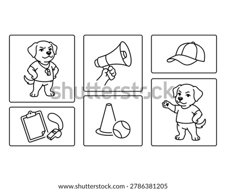 Dog coach and referee training icons set with megaphone whistle and sports gear vector
