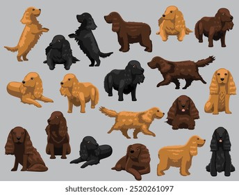 Dog Cocker Spaniel Various Colors Poses Cartoon Vector Character