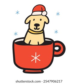 Dog in a coffee cup. Puppy wearing Santa's hat. Isolated hand drawn icon. Illustration on white background.