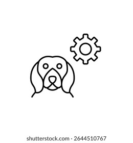 Dog and cogwheel. Pet care settings, animal health monitoring, smart pet device configuration, automated feeding control, pet activity tracking. Pixel perfect, editable stroke vector icon