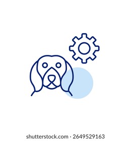 Dog and cogwheel. Pet care settings, animal health monitoring, smart pet device configuration, automated feeding control, pet activity tracking. Pixel perfect, editable stroke vector icon