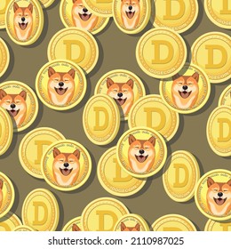 Dog coin sample. Meme tokens. Golden coin with face of the Shiba Inu dog and a D symbol. 