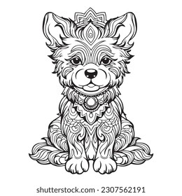 Un perro con un collar y un conjunto de flores coloreando la página vectorial ilustración.