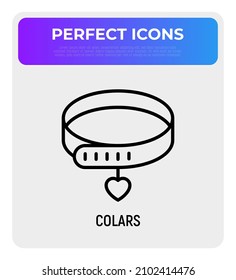 Collar de perro con icono de línea delgada del corazón. Ilustración vectorial moderna para tienda de mascotas.