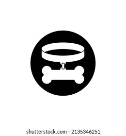 Dog collar icon with big bone. Vector black and white illustration.