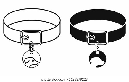Dog collar icon vector with pet tag showing dog head silhouette. Perfect for pet care, veterinary, animal shelter, or pet shop designs and illustrations.