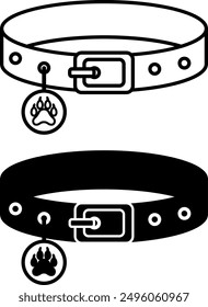 Dog Collar Icons. Black and White Vector Icons. Collar with Keychain. Dog Walking Accessory. Pet Concept