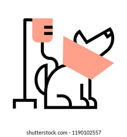 Dog with collar and IV pole vector illustration in flat outline design